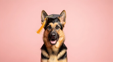 Cute German Shepherd dog wearing a graduation cap against a pink background symbolizing intelligence achievement and education in pets 51306183 1