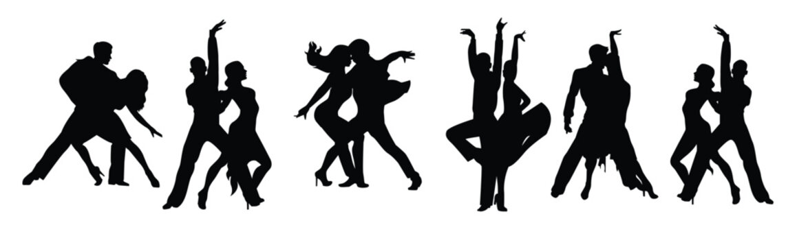 Couple of ballroom dancers set. Woman and man dancing. Vector silhouettes of dancers. Isolated illustration.
