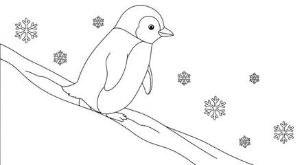 Charming black and white outline drawing of a baby penguin on a wintry branch with delicate snowflakes, ideal for children's educational art and creative coloring fun