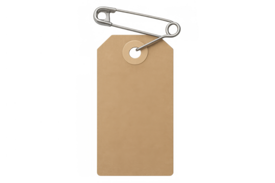 Craft paper tag with safety pin attached, blank brown label for pricing, branding, or message on transparent background