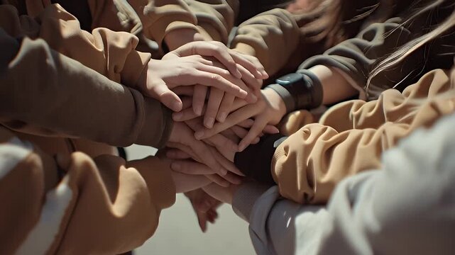 Hands stacked together for bullying drawing project. 4K Video