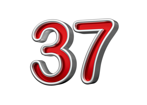 Vibrant Red Number Thirty seven 37 With Metallic Gleam And Beveled Edges, 3D Illustration