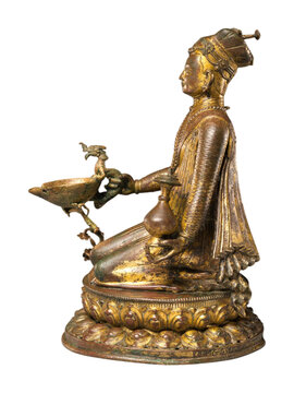 Gilt Bronze Nepalese Lamp Bearer 1698 Nobleman Sculpture Himalayan Buddhist Art