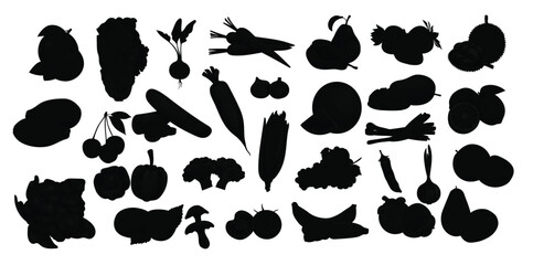 collection of fresh fruits and vegetables in cartoon style 