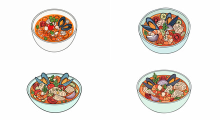 Seafood soup bowls with colorful ingredients