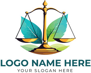 Justice scale logo vector with green and blue leaves for ethical law firm, environmental legal services, or eco-conscious branding