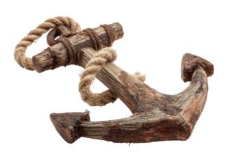 Worn wooden anchor with thick rope, isolated on black