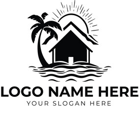 Beach house logo vector with sun, palm tree, and water waves for vacation rental, resort, or travel brand identity