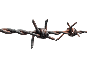 Rusty barbed wire fence strand against black