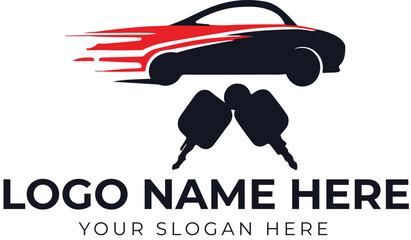Car logo vector with speed lines and crossed keys for automotive branding, rental service, or vehicle dealership identity
