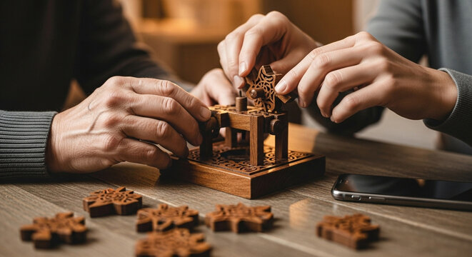 Multigenerational Hands Working Together on a Wooden Puzzle During an Unplugged Digital Detox Moment at Home.