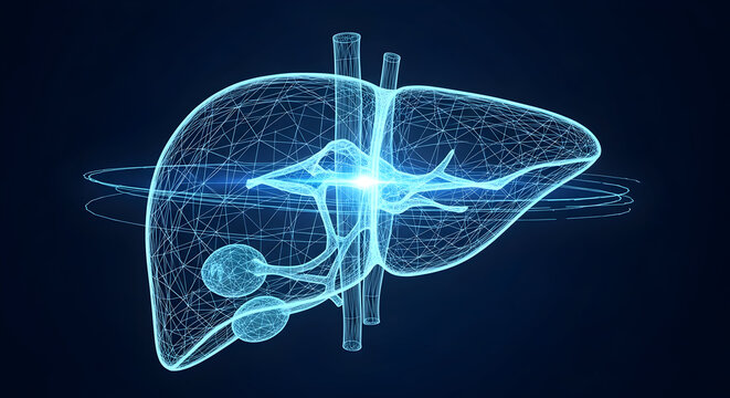 Human liver medical organ. low poly wireframe theme concept video animation on blue background 47301130 1
