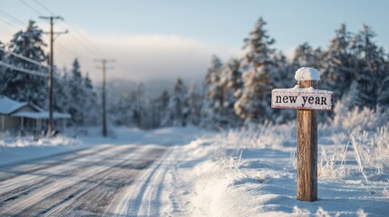 new year's sign in snowy landscape