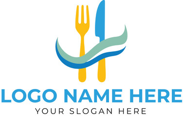 Fork and knife logo vector with wave element in modern style for restaurant, catering, or culinary brand identity
