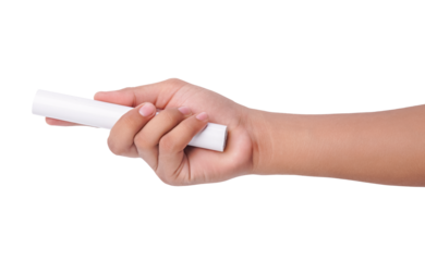 Hand holding a clean white cylindrical object, isolated against