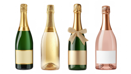 Four unique champagne bottles for celebration, AI, PNG