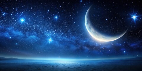 Fototapeta premium Dark blue night sky with a bright crescent moon and numerous shining stars against the blackness