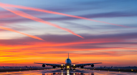 Commercial airplane preparing for takeoff during early morning with a colorful sky background representing aviation and travel themes 90052798 1