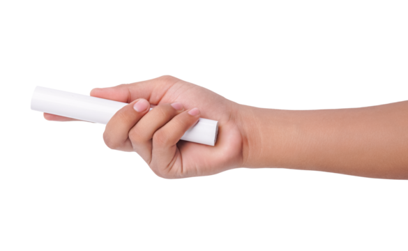 Hand holding a clean white cylindrical object, isolated against