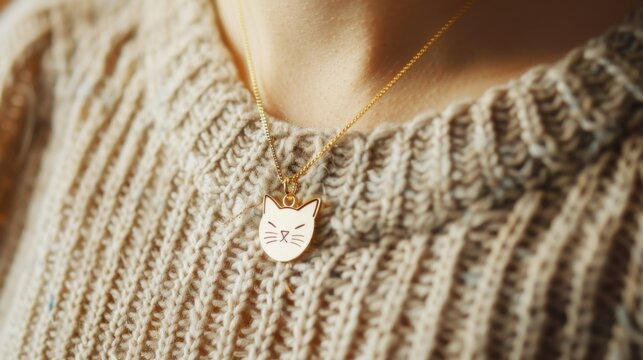 Close-up of a woman wearing a knitted sweater and a cat-themed pendant necklace. The necklace features a cute cat face design.