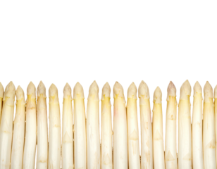 White asparagus spears, aligned against black backdrop