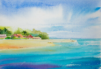 Tropical landscape on a sunny day on the ocean shore.