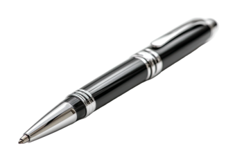 Glossy, black pen with silver accents on a black background