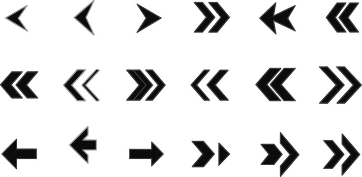 Arrow symbol vector set with left and right directional icons, black silhouette illustrations on white background for UI, navigation, and design themes