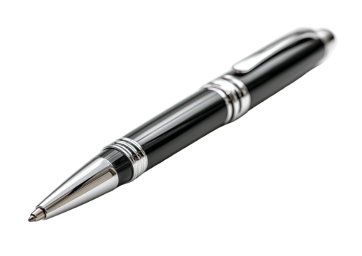 Glossy, black pen with silver accents on a black background
