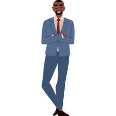 Full body portrait of a smiling man with a beard wearing a blue suit and red tie standing with arms crossed on a transparent background