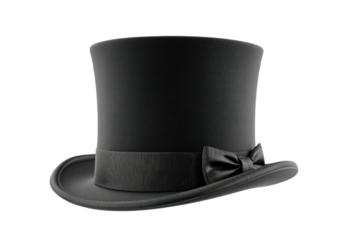 Sleek black top hat with a bow tie, isolated