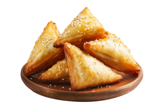 Briouat triangular fruit filled pastries, phyllo pastries filled with meat or almonds isolated on white transparent background, concept of Arabic sweet baked desserts