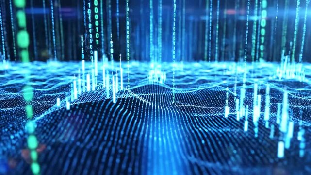 Abstract digital landscape depicts data streams and binary code in a futuristic, blue-toned visualization