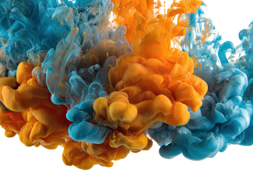 Ink plumes orange and blue mixing, abstract shape