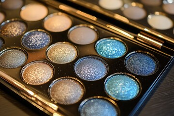 Naklejka premium A palette of eye shadows and professional brush in trending color of year 2025.