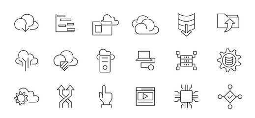 Data storage thin line icon set. Big data, data security, data storage, data visualization, data management, database, sever, monitoring, network,cloud computing