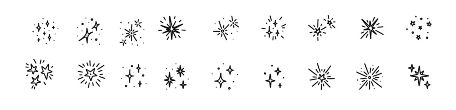 Doodle star icon set. Sparkle glitter vector elements. Merry Christmas and happy New year decorations, confetti, firework. Shiny blink, sparkle lights, bling, twinkle crayon drawing