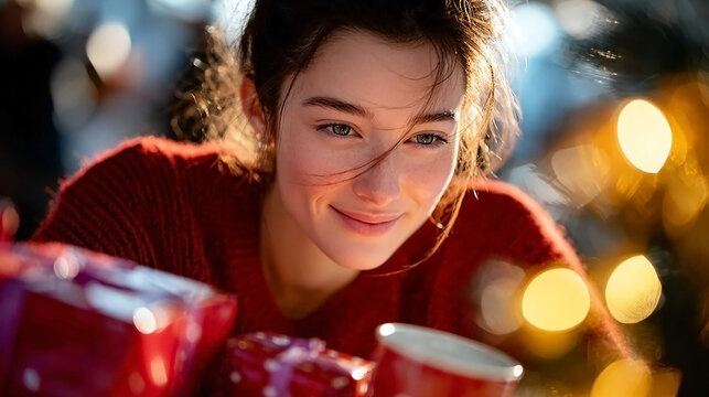 Joyful christmas day with red and gold decorations, smiling woman, gifts, and fir tree
