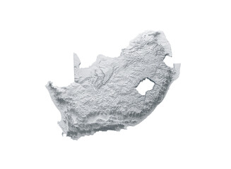 Snowy South Africa Map White and Gray Shaded Relief Textured. 3D illustration