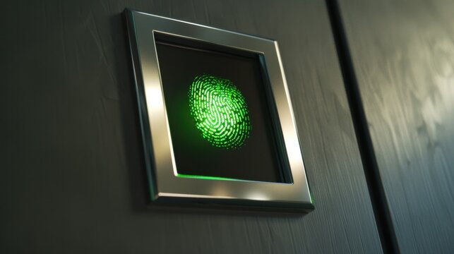 A close-up of a green fingerprint scanner mounted on a wall. The scanner emits a bright green light, indicating its active status. The background is dark and minimalistic.
