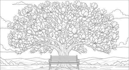 A serene illustration of a blooming magnolia tree with a wooden bench in front of it, set against a backdrop of rolling hills and a clear sky