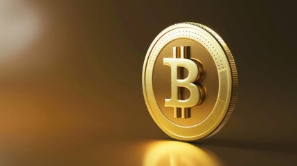 A close-up of a shiny gold Bitcoin coin on a dark background. The coin features the Bitcoin logo prominently, symbolizing cryptocurrency and digital finance.