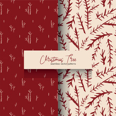 Christmas tree branch seamless vector patterns set in warm red and cream tones for holiday decor textiles gift wrap and branding