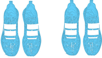 This image is a high-contrast, black and white depiction of four shoes, arranged in two pairs.