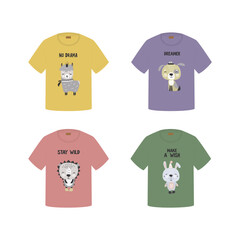 Colorful unisex short sleeve t-shirts with funny mascots - llama, dog, hedgehog and hare. Set of tee design isolated on white background. Mockup, template for print,