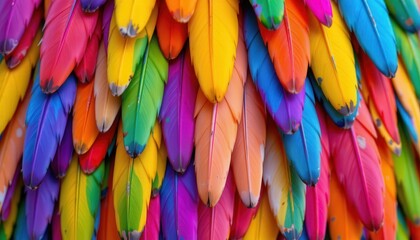 Obraz premium Colorful Feathers Arrangement in Vibrant Shades of Pink, Yellow, Green, Blue, and Orange for Artistic Inspiration