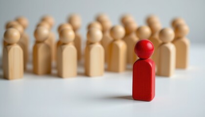 Wooden Figures with One Distinct Red Piece Standing Out in a Minimalist Presentation of Individuality and Group Dynamics