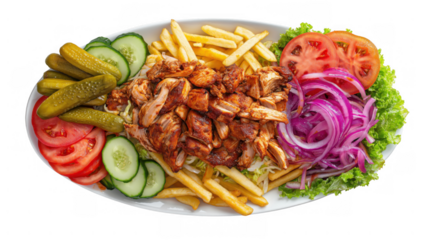 Shawarma platter with grilled chicken and fries, created AI, PNG