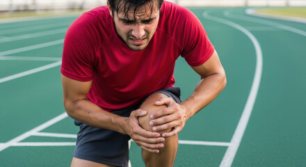 Young man feeling intense knee pain, clutching his joint while exercising on a green running track