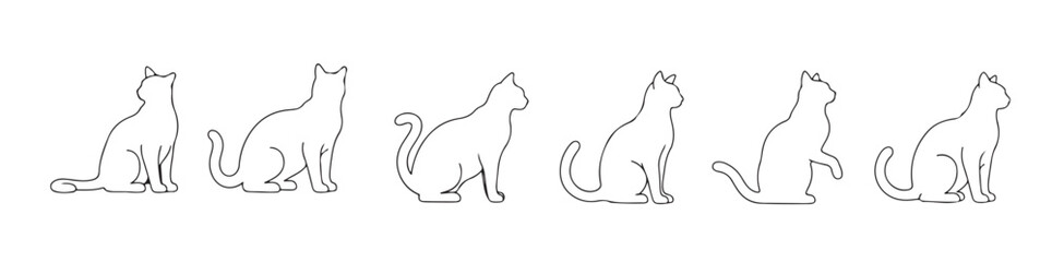 eight black line drawings of cats in various sitting poses